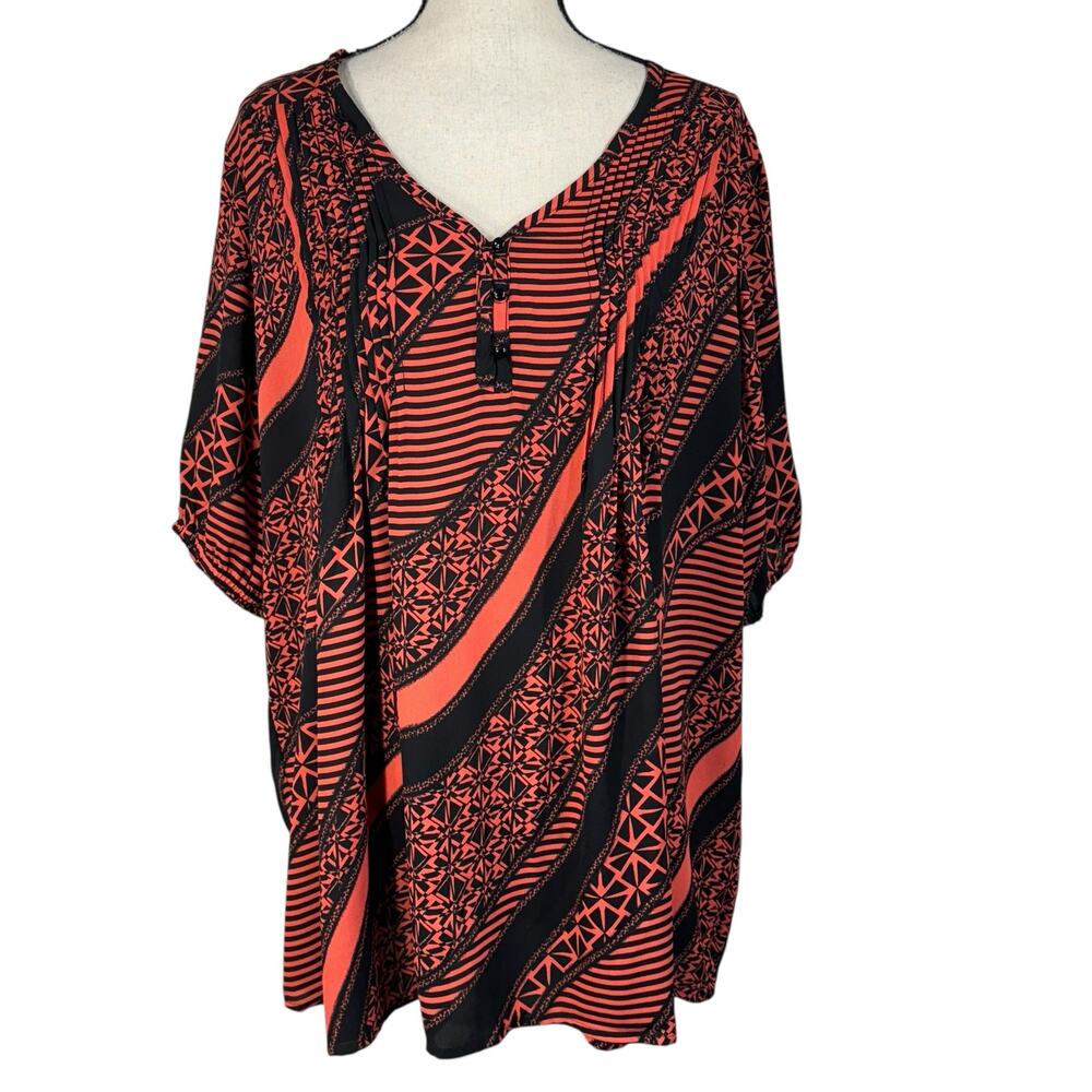 Roaman’s SZ 22W Top Geometric V-Neck Lightweight Short Balloon Sleeves Pintuck